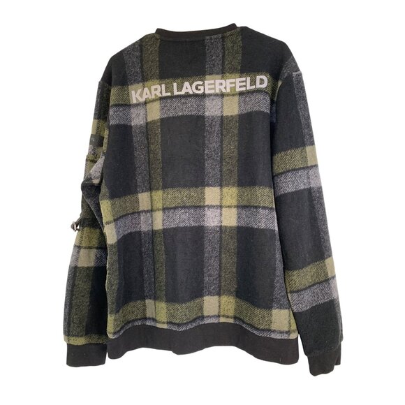 Karl Lagerfeld Paris Plaid Wool Crewneck Sweater L/G With Zip Pocket RF10607 - Picture 5 of 13